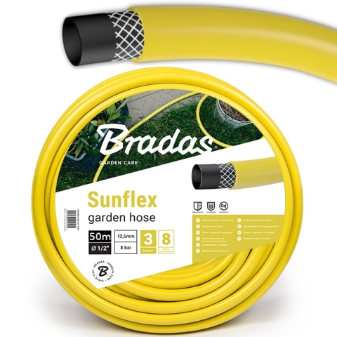 Furtun de grădină 1/2" galben 50m 3 straturi 8 Bar Sunflex BRADAS